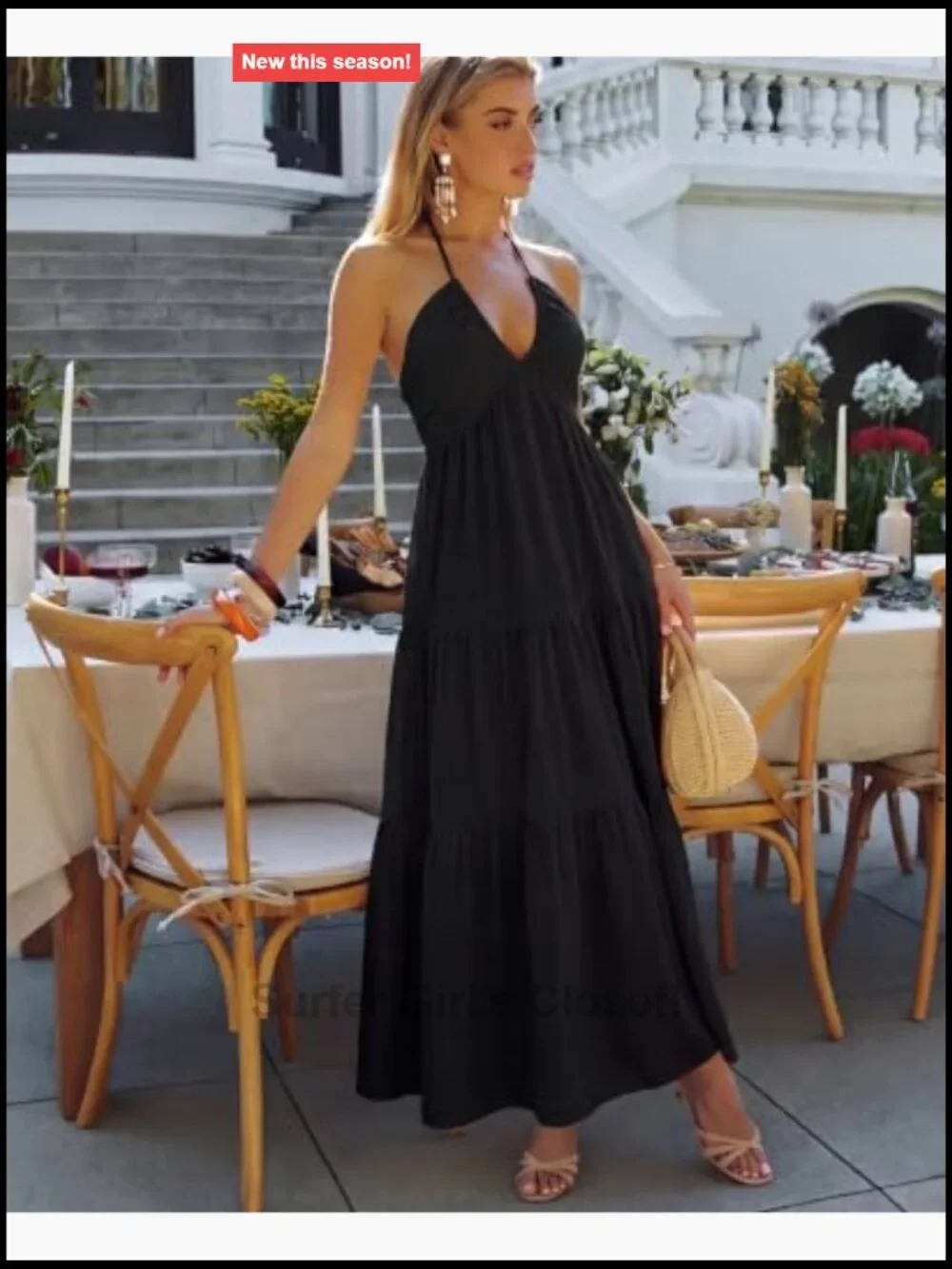 Flowy Maxi Sundress Halter V Neck Sleeveless A-Line Boho Bow Tie Backless